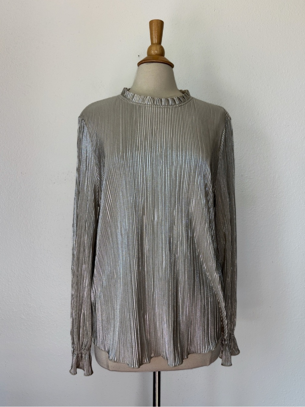 Metallic Long-Sleeve Pleated Top